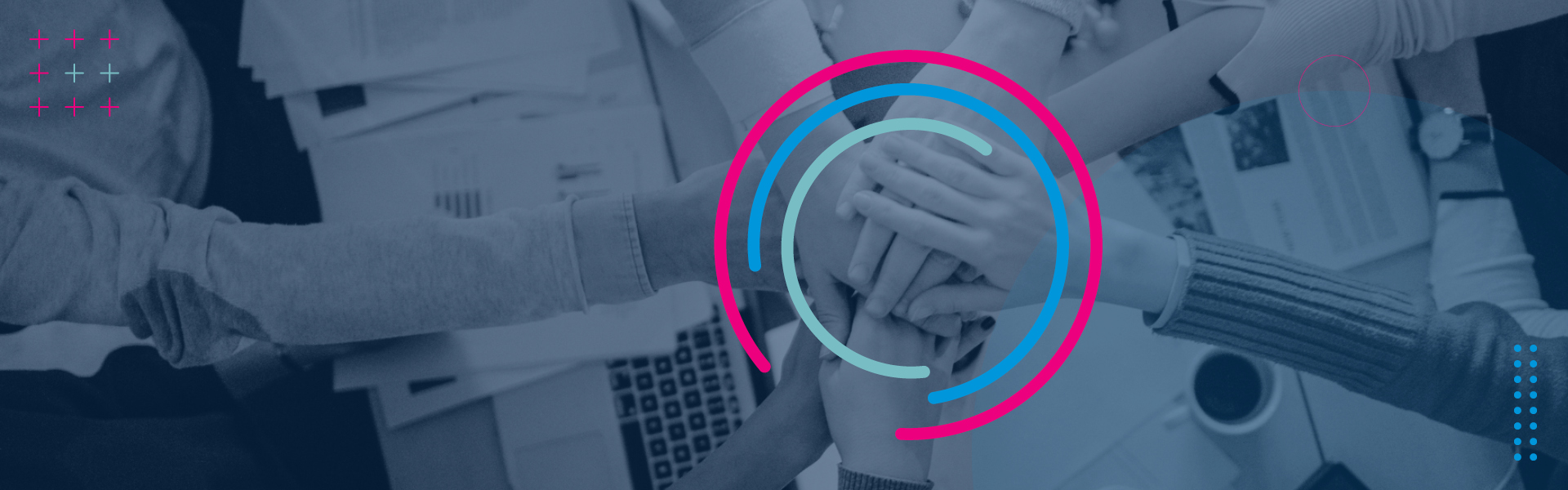 Hands together on a desk as sign of union and strenght surrounded by HBX Group circles