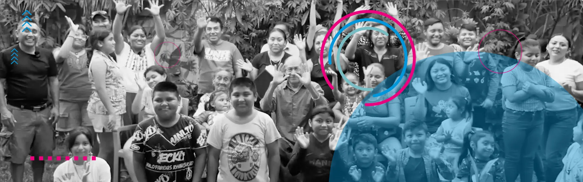 Group of diverse people in a forest greeting and waving