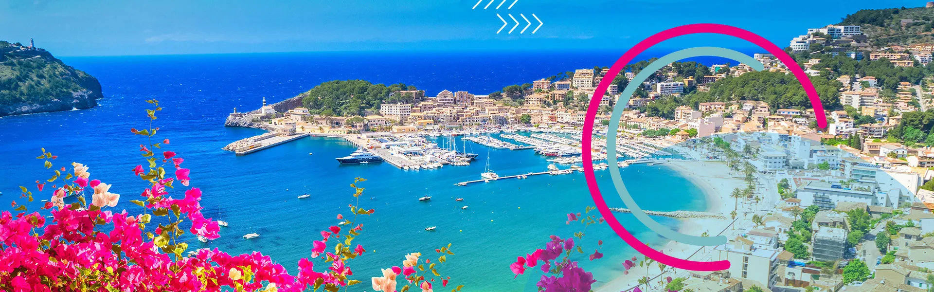 Bay village with crystal blue water and flowers at first sight