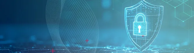 A web header for HBX Group's Cyber Sential product offering. An image of a padlock inside of a shield, with tech motifs and styling.