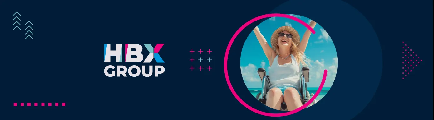 A blue background with the text HBX GROUP and a circular image of a woman in a wheelchair on holiday