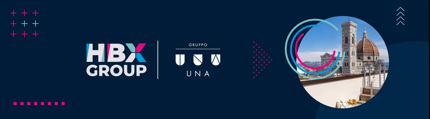 A blue background, a hotel and the text HBX GROUP/ GRUPPO UNA 