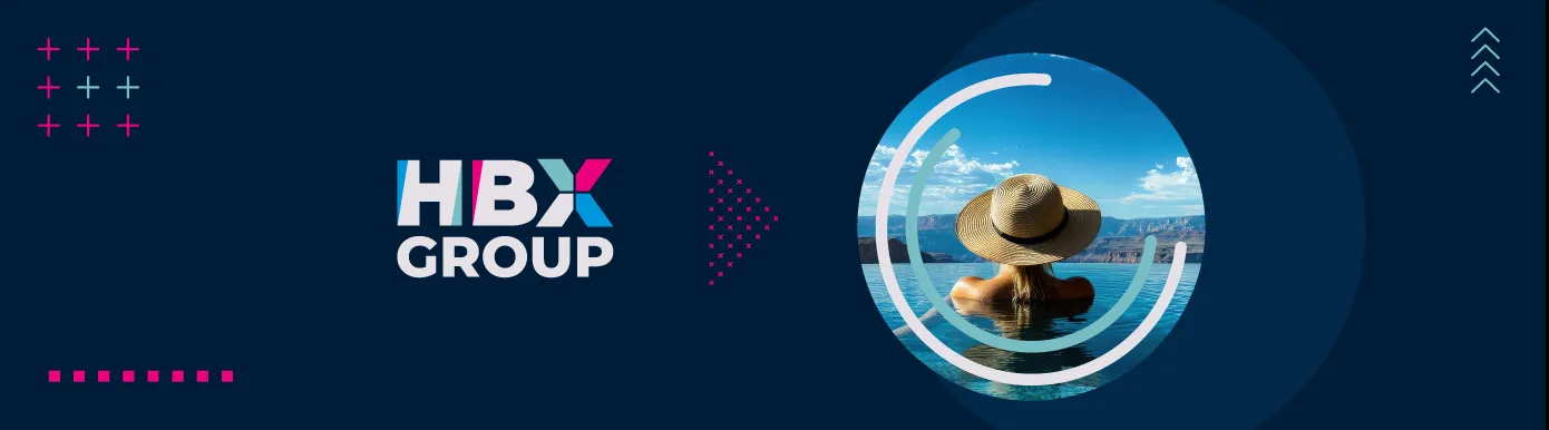 A blue background with the text HBX Group and a circular image of a woman in a pool