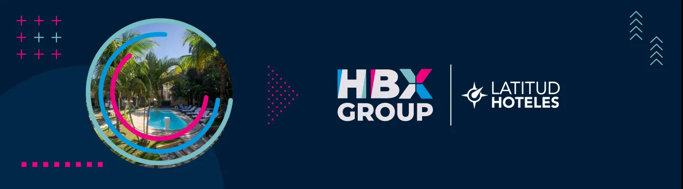 Blue background with a hotel pool and the text HBX Group/ Latitud Hoteles