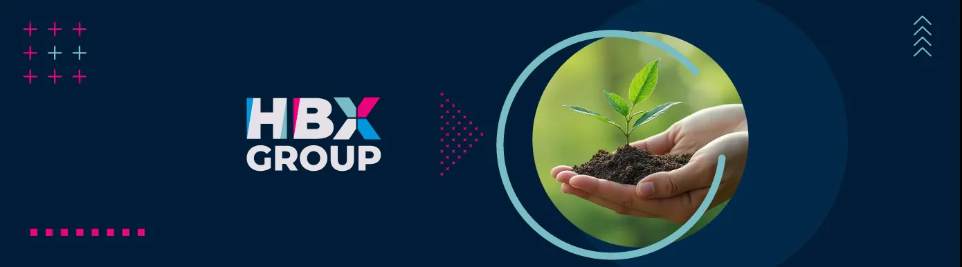 A blue background with the text HBX GROUP and a circular image of hands holding a growing plant