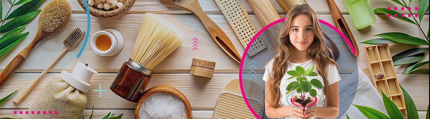 The background is a few plastic free items such as brushes and int he foreground a woman holding a plant