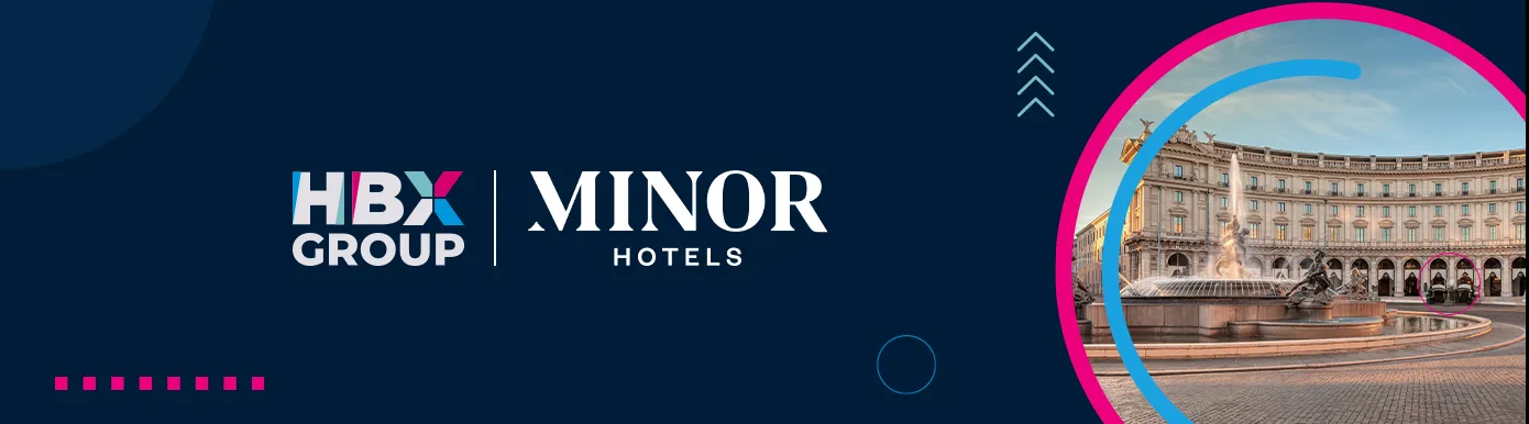 A blue background with the text HBX Group / MINOR HOTELS and a circular image a hotel