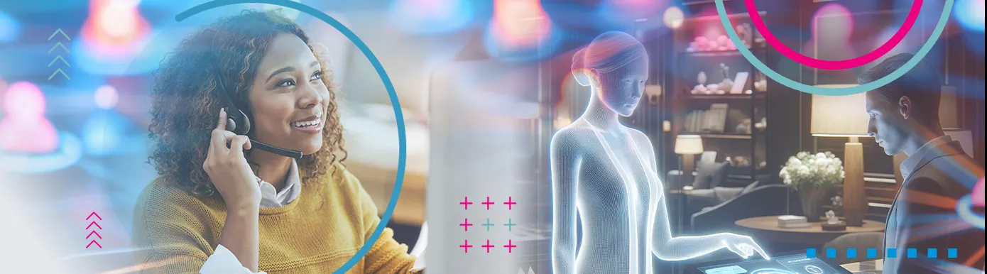 A woman with a microphone headset next to a hologram 