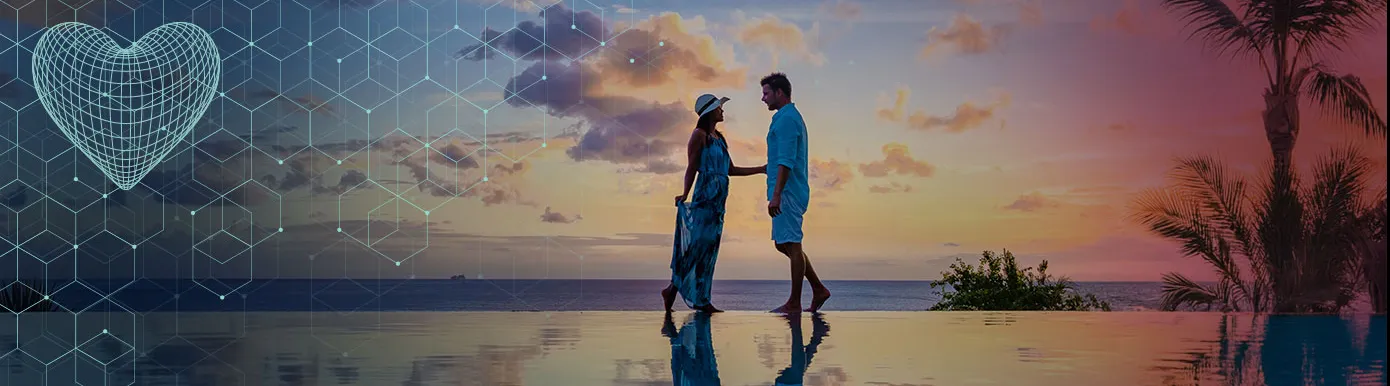 A couple holding hands by the pool looking out to sea
