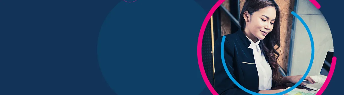 A blue background with a circular image of a travel agent at their desk