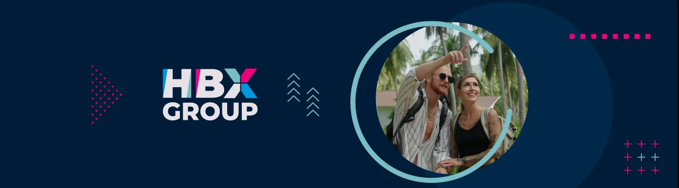 A blue background with 2 travellers in nature and the text HBX GROUP