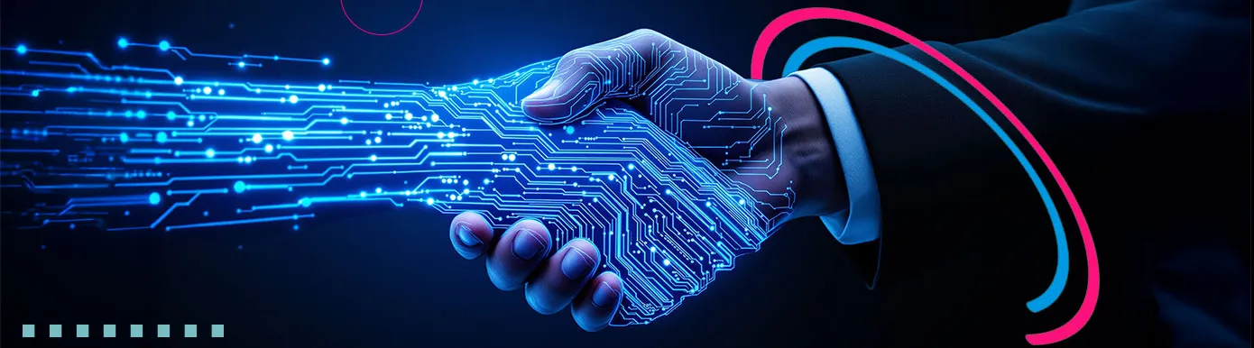 A dark background with a man's hand shaking a digital hand with HBX branding