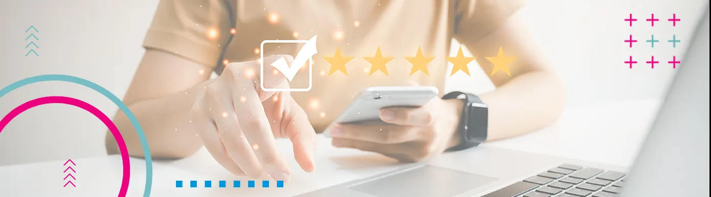 A person on the phone leaving/looking at a five star review