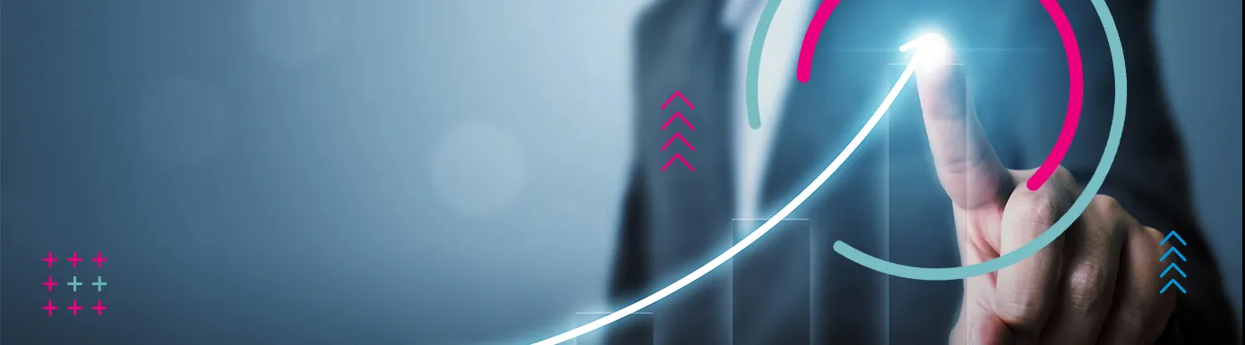 A blue background with a business person touching the foreground like a touchscreen with HBX branding