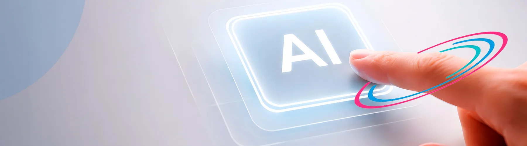 An image of a finger pressing a button with the letters 'AI'. A web banner accompanying an intelligence report on the topic of artificial intelligence in travel distribution, authored by HBX Group.