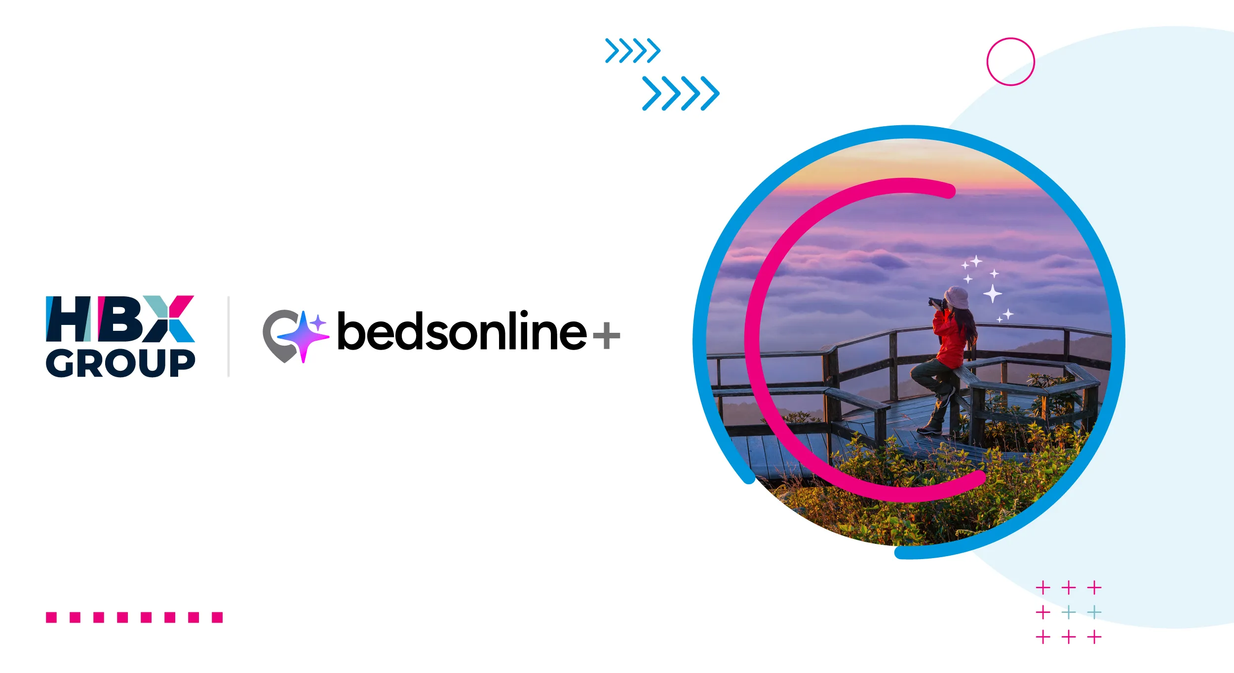 Bedsonline+ and HBX Group logos and an image of a person looking at the horizon from a viewpoint