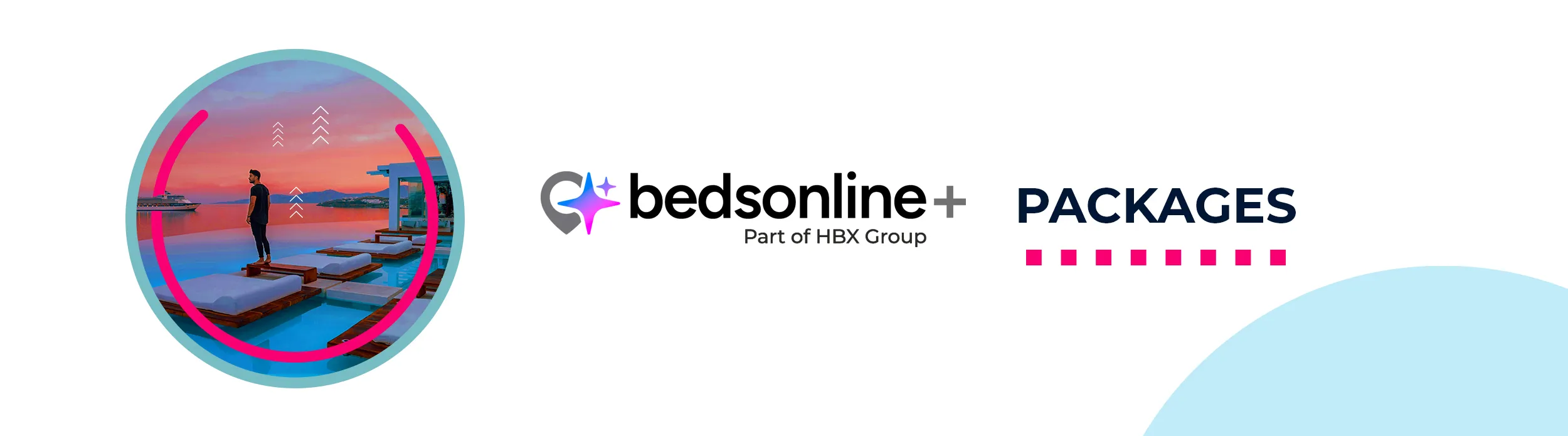 Bedsonline+ logo and Packages and an image of a person standing next to the sea from a hotel terrace
