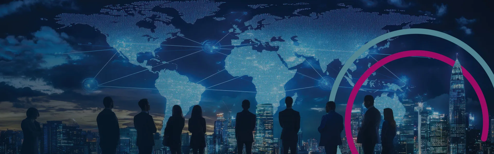 World map with glowing dots connected through glowing lines, and human figures observe it