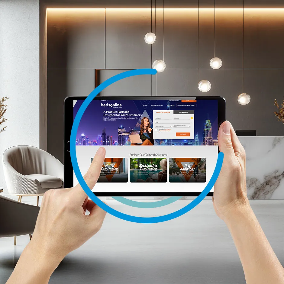 Bedsonline website displayed on a tablet and a hand pointing