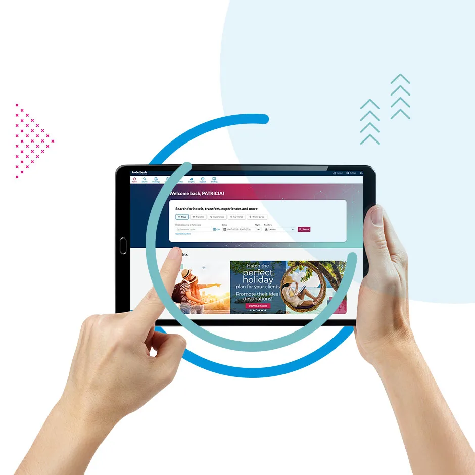 Hotelbeds booking engine displayed on a tablet with a pointing hand