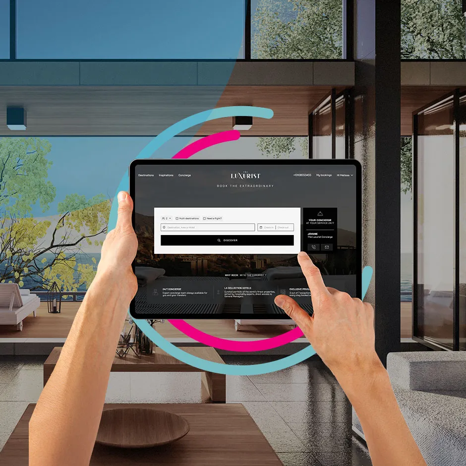 The Luxurist booking engine on a tablet and a pointing finger using it