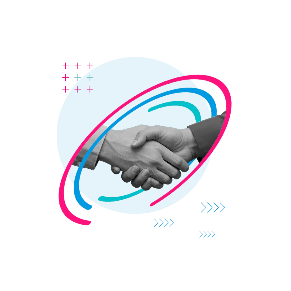 Two hands shaking framed by the HBX Group circles