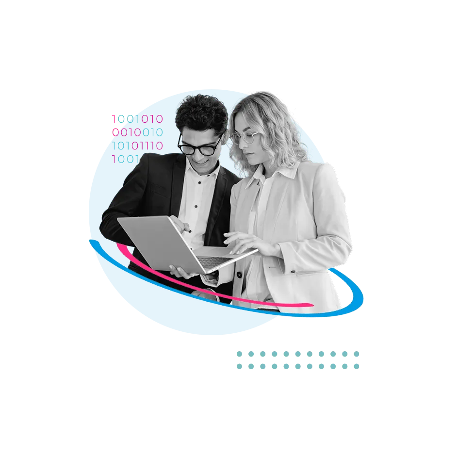 Two people working on a laptop framed by HBX Group circles