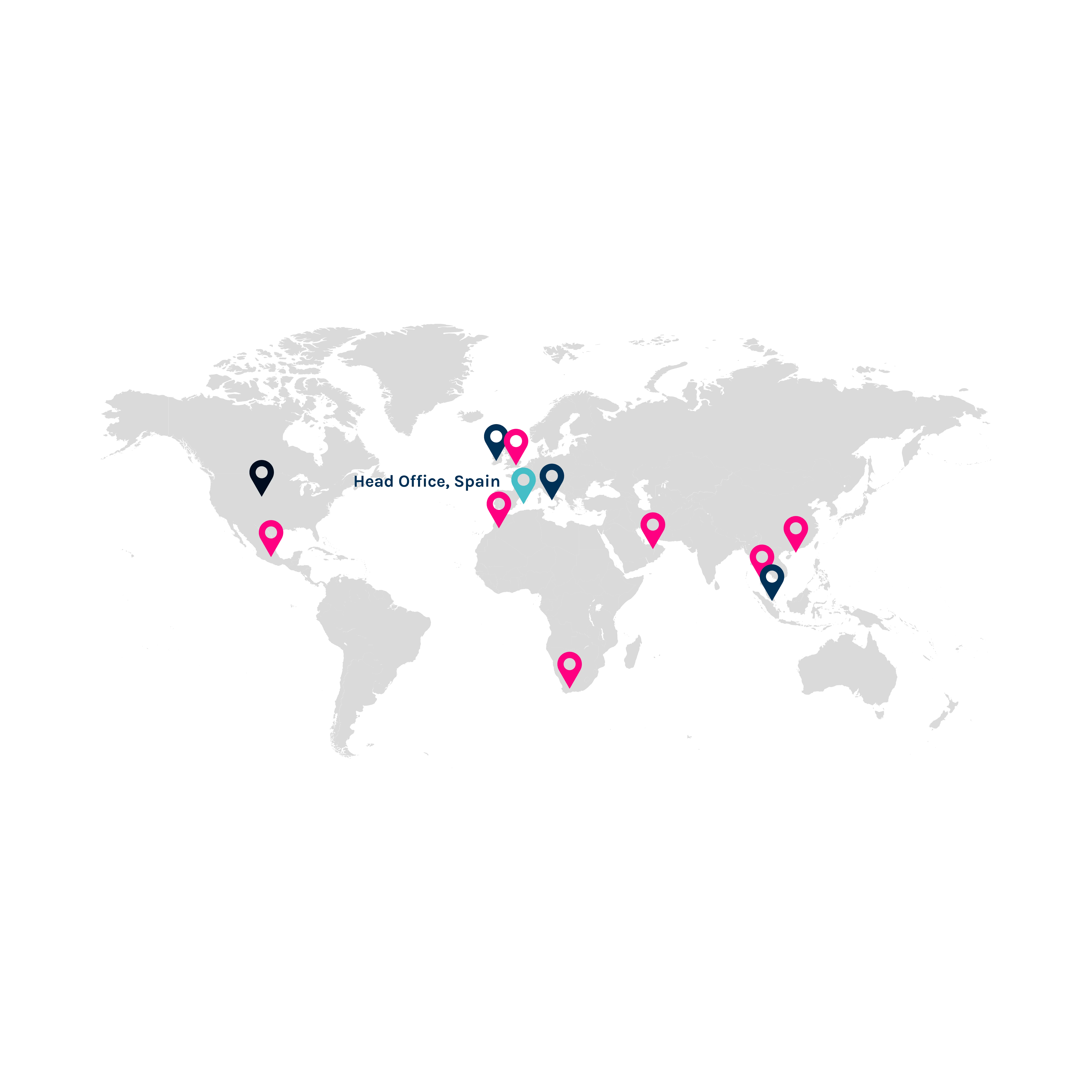 World map with marks in every 33 countries HBX Group has offices. Spain HQ highlighted