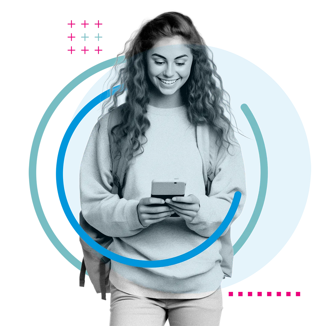 Person smiling looking at their smartphone