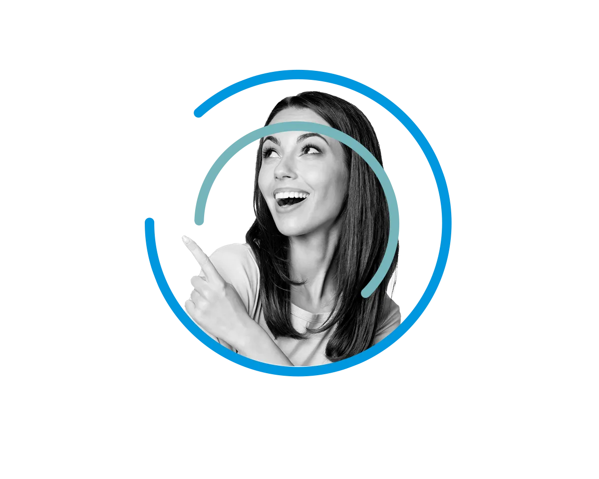 Woman pointing up and smiling