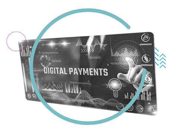 Floating screen with "Digital payments" and a finger clicking on it hightlighted