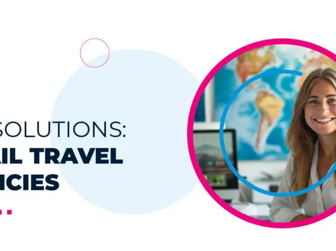 An image of a smiling travel agent in front of her desk next to the words 'B2B Travel Solutions: Retail Travel Agents'