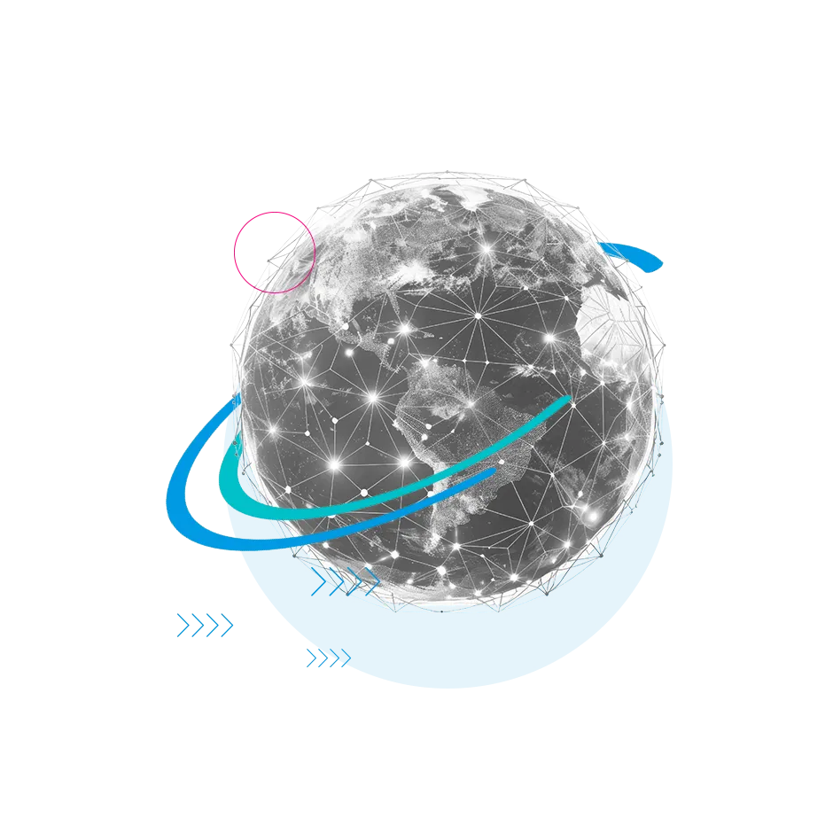 Globe connected by lines and dots and the HBX Group circles around