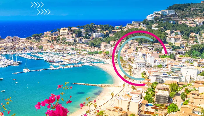 Bay village with crystal blue water and flowers at first sight
