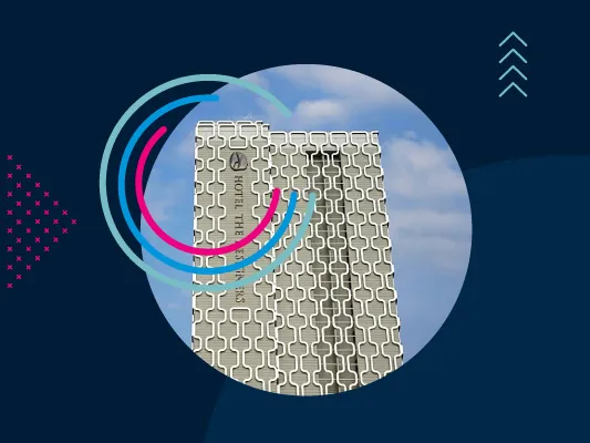 A blue background with the text HBX Group / Hotel The Designers Cheongnyangni and a circular image a hotel