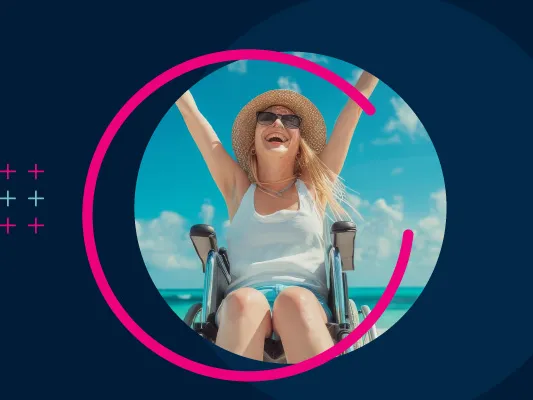 A blue background with the text HBX GROUP and a circular image of a woman in a wheelchair on holiday