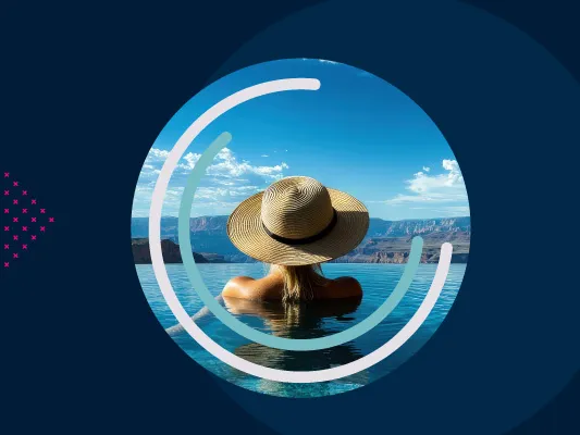 A blue background with the text HBX Group and a circular image of a woman in a pool
