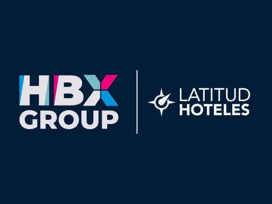 Blue background with a hotel pool and the text HBX Group/ Latitud Hoteles