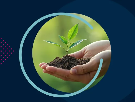 A blue background with the text HBX GROUP and a circular image of hands holding a growing plant
