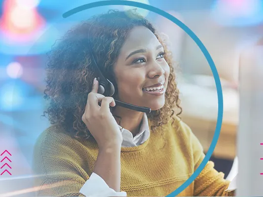 A woman with a microphone headset next to a hologram 