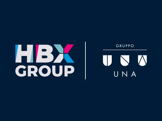 A blue background, a hotel and the text HBX GROUP UNA 