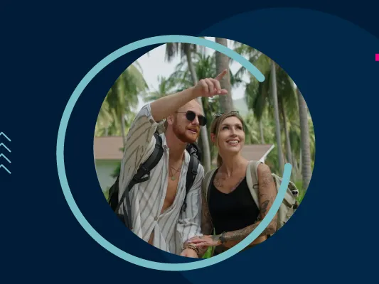 A blue background with 2 travellers in nature and the text HBX GROUP