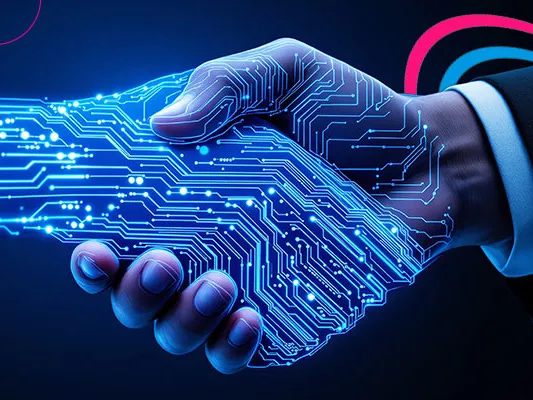 A dark background with a man's hand shaking a digital hand with HBX branding
