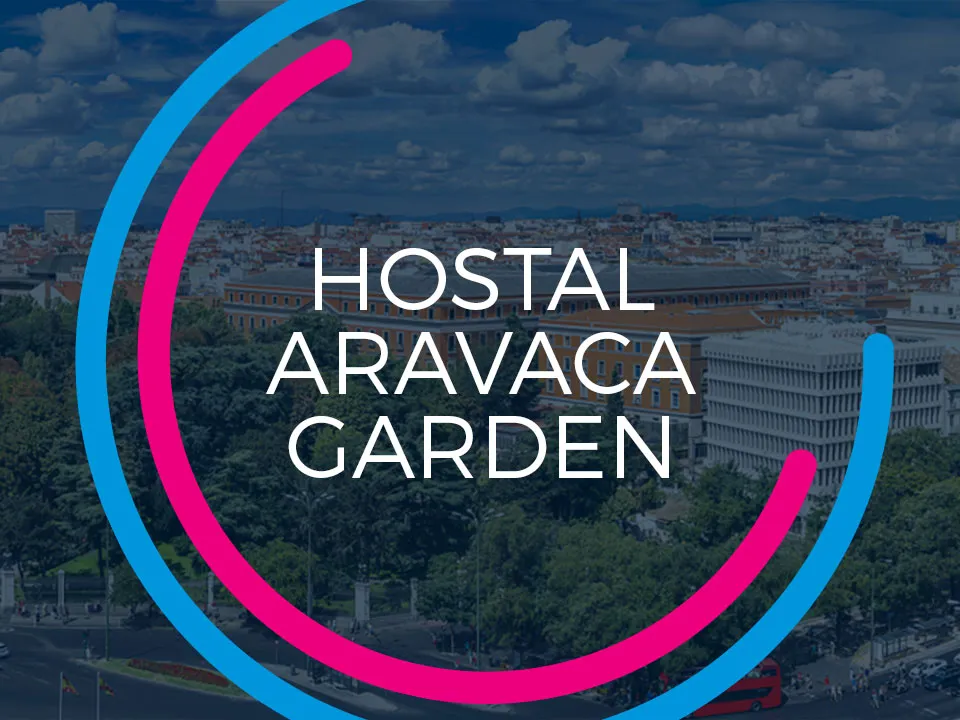 A European city in the background with HBX branding and the text HOSTAL ARAVACA GARDEN in the foreground