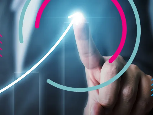 A blue background with a business person touching the foreground like a touchscreen with HBX branding