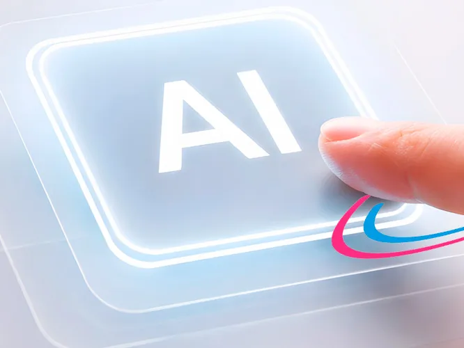 An image of a finger pressing a button with the letters 'AI'. A web banner accompanying an intelligence report on the topic of artificial intelligence in travel distribution, authored by HBX Group.