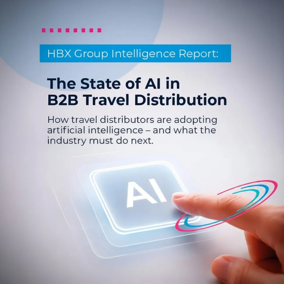 An image of a finger pressing a button with the letters 'AI'. Text reads 'HBX Group Intelligence Report: The State of AI in B2B Travel Distribution'