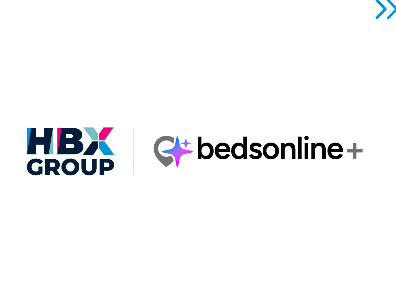 Bedsonline+ and HBX Group logos and an image of a person looking at the horizon from a viewpoint