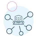 Icon: a centered building and some small circles connected to it surrounding it
