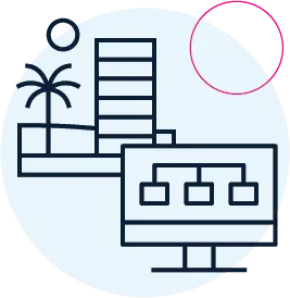 Icon: Hotel building behind a Desktop screen